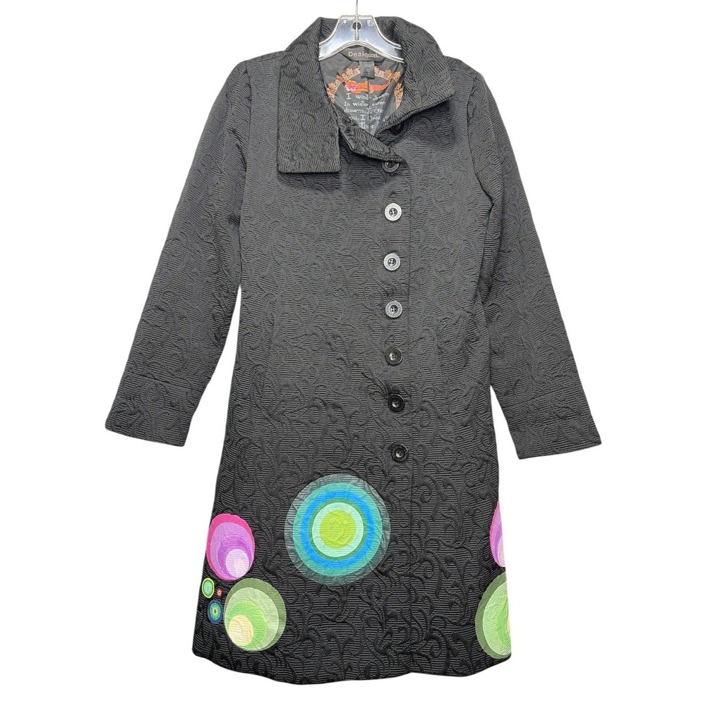 Desigual Black Textured Jacquard Circle Applique Coat Funnel Neck 17E2902 Sz 42